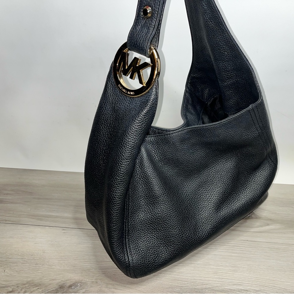 Michael Kors Black Pebbled Leather Shoulder Hobo with Gold MK Charm